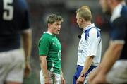 13 February 2010; Ireland out-half Ronan O'Gara in conversation with referee Wayne Barnes during the game. RBS Six Nations Rugby Championship, France v Ireland, Stade de France, Saint Denis, Paris, France. Picture credit: Brendan Moran / SPORTSFILE