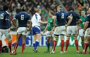 13 February 2010; Jerry Flannery, Ireland, is spoken to by referee Wayne Barnes after an alleged kick on Alexis Palisson, France. RBS Six Nations Rugby Championship, France v Ireland, Stade de France, Saint Denis, Paris, France. Picture credit: Brendan Moran / SPORTSFILE *** Local Caption ***