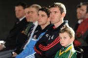 15 February 2010; Nine-year-old Barry Keane, from Ballymalis, Beaufort, Co. Kerry, sits alongside Graham Canty, Cork, Bernard Brogan, Dublin, Mickey Harte, Tyrone, Tommy Griffin, Kerry, and John O'Mahony, T.D., Mayo, at the announcement of a new three year GAA Football Championship partnership with SuperValu and its 231 retail partners, beginning for the 2010 season. Croke Park, Dublin. Picture credit: Ray McManus / SPORTSFILE