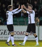 5 March 2016; Ciaran Kilduff, Dundalk, is congratulated by team-mate Ronan Finn after he scored the second goal against Bray Wanderers. SSE Airtricity League Premier Division, Bray Wanderers v Dundalk, Carlisle Grounds, Bray, Co. Wicklow. Picture credit: Matt Browne / SPORTSFILE