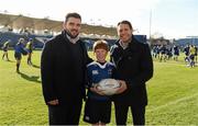 5 March 2016; Leinster matchday mascot Michael Sullivan with Leinster's Martin Moore and Isaac Boss at the Guinness PRO12, Round 17, clash between Leinster and Ospreys at the RDS Arena, Ballsbridge, Dublin. Picture credit: Stephen McCarthy / SPORTSFILE