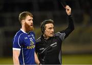5 March 2016; Referee Maurice Deegan issues Rory Dunne, Cavan, with a black card in the second half. Allianz Football League, Division 2, Round 4, Cavan v Armagh, Kingspan Breffni Park, Cavan. Picture credit: Oliver McVeigh / SPORTSFILE