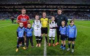5 March 2016; Referee Paddy Neilan with the two captains, Paul Kerrigan, Cork and Diarmuid Connolly, Dublin, mascots James Murphy, left, and Harry Duffitt, Allianz referees Darragh McCabe, left, St Joseph's, Clondalkin, and Ciarán Kirk, St Joseph's, Clondalkin, and Allianz mascots Cathal Barrett, Bayside NS, left, and Ryan Foy, Gaelscoil Mide, Kilbarrack, before the Dublin v Cork game. Allianz Football League, Division 1, Round 4, Dublin v Cork, Croke Park, Dublin. Picture credit: Ray McManus / SPORTSFILE
