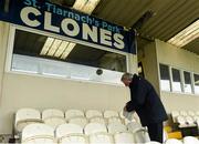 6 March 2016; Declan Flanagan prepares the seats before the game. Allianz Football League, Division 1, Round 4, Monaghan v Mayo. St Tiernach's Park, Clones, Co. Monaghan. Picture Credit: Philip Fitzpatrick / SPORTSFILE