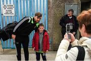 6 March 2016; Mayo fan Diarmuid Hughes aged 8, from Monaghan, has his picture taken with Mayo star Aidan O'Shea before the game. Allianz Football League, Division 1, Round 4, Monaghan v Mayo. St Tiernach's Park, Clones, Co. Monaghan. Picture Credit: Philip Fitzpatrick / SPORTSFILE