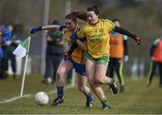 6 March 2016; Sarah Bohannon Clare, in action against Nicole McLaughlin, Donegal. Lidl Ladies Football National League, Division 2, Donegal v Clare. Fr Tierney Park, Ballyshannon, Co. Donegal. Picture credit: Oliver McVeigh / SPORTSFILE