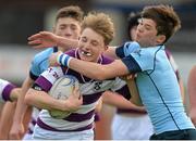 6 March 2016; Robert Gilsenan, Clongowes Wood College, is tackled by Harry Arkwright, St. Michael's College. Bank of Ireland Leinster Schools Junior Cup, Semi-Final, Clongowes Wood College v St Michael's College. Donnybrook Stadium, Donnybrook, Dublin. Picture credit: Cody Glenn / SPORTSFILE