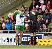 6 March 2016; Leo McLoone, Donegal, is spoken to by referee Eddie Kinsella before being shown a red card. Allianz Football League, Division 1, Round 4, Kerry v Donegal. Austin Stack Park, Tralee, Co. Kerry. Picture credit: Brendan Moran / SPORTSFILE