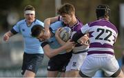 6 March 2016; Tim O'Brien, Clongowes Wood College, is tackled by Christopher Cosgrave, St Michael's College. Bank of Ireland Leinster Schools Junior Cup, Semi-Final, Clongowes Wood College v St Michael's College. Donnybrook Stadium, Donnybrook, Dublin. Picture credit: Cody Glenn / SPORTSFILE
