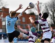 6 March 2016; Luke Dunne, St Michael's College, jumps for a high ball against Ryan McMahon, Clongowes Wood College. Bank of Ireland Leinster Schools Junior Cup, Semi-Final, Clongowes Wood College v St Michael's College. Donnybrook Stadium, Donnybrook, Dublin. Picture credit: Cody Glenn / SPORTSFILE