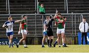 6 March 2016; Aidan O'Shea, Mayo, receives a black card from referee Joe McQuillan. Allianz Football League, Division 1, Round 4, Monaghan v Mayo. St Tiernach's Park, Clones, Co. Monaghan. Picture Credit: Philip Fitzpatrick / SPORTSFILE