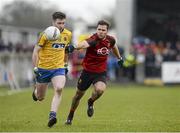 6 March 2016; Cathal Cregg, Roscommon, in action against Gerard Collins, Down. Allianz Football League, Division 1, Round 4, Roscommon v Down. Glennon Brothers Pearse Park, Longford. Picture credit: Sam Barnes / SPORTSFILE