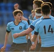 6 March 2016; Robert Gilsenan, St Michael's College, left, celebrates with team-mates at the final whistle. Bank of Ireland Leinster Schools Junior Cup, Semi-Final, Clongowes Wood College v St Michael's College. Donnybrook Stadium, Donnybrook, Dublin. Picture credit: Cody Glenn / SPORTSFILE