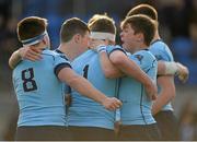 6 March 2016; Robert Gilsenan, St Michael's College, right, celebrates with team-mate Jack Boyle, number 1, and team-mates at the final whistle. Bank of Ireland Leinster Schools Junior Cup, Semi-Final, Clongowes Wood College v St Michael's College. Donnybrook Stadium, Donnybrook, Dublin. Picture credit: Cody Glenn / SPORTSFILE