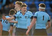 6 March 2016; Lee Barron, St Michael's College, centre, celebrates with team-mate Jack Boyle at the final whistle. Bank of Ireland Leinster Schools Junior Cup, Semi-Final, Clongowes Wood College v St Michael's College. Donnybrook Stadium, Donnybrook, Dublin. Picture credit: Cody Glenn / SPORTSFILE