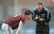 6 March 2016; Damien Comer, Galway, about to be shown a black card by referee Conor Lane. Allianz Football League, Division 2, Round 4, Galway v Meath, Pearse Stadium, Galway. Picture credit: Ray Ryan / SPORTSFILE