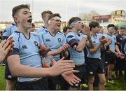 6 March 2016; Lee Baron, from left, Jack Boyle and St Michael's College celebrate with their supporters. Bank of Ireland Leinster Schools Junior Cup, Semi-Final, Clongowes Wood College v St Michael's College. Donnybrook Stadium, Donnybrook, Dublin. Picture credit: Cody Glenn / SPORTSFILE