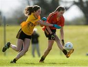 7 March 2016; Caitlín Kennedy, John The Baptist CS, Limerick, in action against Molly Mannion, Holy Rosary College Mountbellew, Galway. Lidl All Ireland Senior B Post Primary Schools Championship Final. Holy Rosary College Mountbellew, Galway, v John The Baptist CS, Limerick. Gort GAA, Gort, Co. Galway. Picture credit: Piaras Ó Mídheach / SPORTSFILE