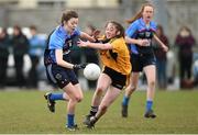 7 March 2016; Anna Grehan, Gallen C.S. Ferbane, Offaly, in action against Rachel Fitzgerald, Scoil Phobail Sliabh Luachra, Rathmore, Kerry. Lidl All Ireland Senior C Post Primary Schools Championship Final, Gallen C.S. Ferbane, Offaly v Scoil Phobail Sliabh Luachra, Rathmore, Kerry. Mick Neville Park, Rathkeale, Co. Limerick. Picture credit: Diarmuid Greene / SPORTSFILE