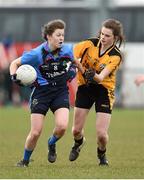 7 March 2016; Anna Grehan, Gallen C.S. Ferbane, Offaly, in action against Sarah Murphy, Scoil Phobail Sliabh Luachra, Rathmore, Kerry. Lidl All Ireland Senior C Post Primary Schools Championship Final, Gallen C.S. Ferbane, Offaly v Scoil Phobail Sliabh Luachra, Rathmore, Kerry. Mick Neville Park, Rathkeale, Co. Limerick. Picture credit: Diarmuid Greene / SPORTSFILE