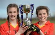 7 March 2016; Sisters Caitlín Kennedy, left, and Anna-Rose Kennedy, John The Baptist CS, Limerick, celebrate with the cup after the game. Lidl All Ireland Senior B Post Primary Schools Championship Final. Holy Rosary College Mountbellew, Galway, v John The Baptist CS, Limerick. Gort GAA, Gort, Co. Galway. Picture credit: Piaras Ó Mídheach / SPORTSFILE