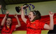7 March 2016; John The Baptist CS captain Eimear Daly celebrates with the cup after the game. Lidl All Ireland Senior B Post Primary Schools Championship Final. Holy Rosary College Mountbellew, Galway, v John The Baptist CS, Limerick. Gort GAA, Gort, Co. Galway. Picture credit: Piaras Ó Mídheach / SPORTSFILE
