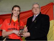 7 March 2016; Caitlín Kennedy, John The Baptist CS, Limerick, is presented with the player of the match award by Connacht LGFA President Liam Costigan. Lidl All Ireland Senior B Post Primary Schools Championship Final. Holy Rosary College Mountbellew, Galway, v John The Baptist CS, Limerick. Gort GAA, Gort, Co. Galway. Picture credit: Piaras Ó Mídheach / SPORTSFILE