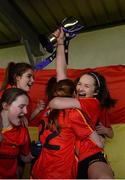 7 March 2016; John The Baptist CS captain Eimear Daly and her team-mates celebrate with the cup after the game. Lidl All Ireland Senior B Post Primary Schools Championship Final. Holy Rosary College Mountbellew, Galway, v John The Baptist CS, Limerick. Gort GAA, Gort, Co. Galway. Picture credit: Piaras Ó Mídheach / SPORTSFILE
