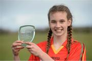 7 March 2016; Caitlín Kennedy, John The Baptist CS, Limerick, with her player of the match award. Lidl All Ireland Senior B Post Primary Schools Championship Final. Holy Rosary College Mountbellew, Galway, v John The Baptist CS, Limerick. Gort GAA, Gort, Co. Galway. Picture credit: Piaras Ó Mídheach / SPORTSFILE