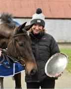 7 March 2016; Trainer Sandra Hughes with Thunder and Roses at the Fairyhouse Boylesports Irish Grand National Launch. Osborne Lodge, The Curragh, County Kildare. Picture credit: David Maher / SPORTSFILE
