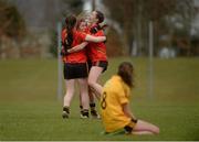 7 March 2016; John The Baptist CS, Limerick, players, from left, Gráinne Condon, Eimear Daly and Gráinne Ryan celebrate after the game as Molly Mannion, Holy Rosary College, Galway, looks on. Lidl All Ireland Senior B Post Primary Schools Championship Final. Holy Rosary College Mountbellew, Galway, v John The Baptist CS, Limerick. Gort GAA, Gort, Co. Galway. Picture credit: Piaras Ó Mídheach / SPORTSFILE