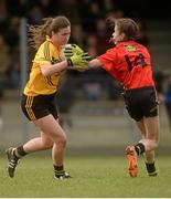 7 March 2016; Áine Murray, Holy Rosary College Mountbellew, Galway, in action against Gráinne Condon, Anna-Rose Kennedy, John The Baptist CS, Limerick. Lidl All Ireland Senior B Post Primary Schools Championship Final. Holy Rosary College Mountbellew, Galway, v John The Baptist CS, Limerick. Gort GAA, Gort, Co. Galway. Picture credit: Piaras Ó Mídheach / SPORTSFILE