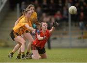 7 March 2016; Caitlín Kennedy, John The Baptist CS, Limerick, passes off under pressure from Áine Murray and Molly Mannion, behind, Holy Rosary College Mountbellew, Galway. Lidl All Ireland Senior B Post Primary Schools Championship Final. Holy Rosary College Mountbellew, Galway, v John The Baptist CS, Limerick. Gort GAA, Gort, Co. Galway. Picture credit: Piaras Ó Mídheach / SPORTSFILE
