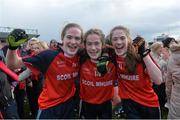 7 March 2016; Scoil Mhuire, Carrick on Suir, Tipperary, team captain Aoife Murray, centre, with her triplet sisters  Emma, left, and Katie, right, celebrate after the final whistle. Lidl All Ireland Senior A Post Primary Schools Championship Final, Coláiste Iosagain, Stillorgan, Dublin v Scoil Mhuire, Carrick on Suir, Tipperary. Nowlan Park, Kilkenny. Picture credit: Matt Browne / SPORTSFILE