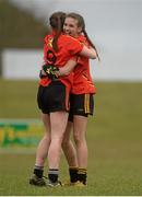 7 March 2016; John The Baptist CS's Caitlín Kennedy, right, and Gráinne Ryan celebrate after the game. Lidl All Ireland Senior B Post Primary Schools Championship Final. Holy Rosary College Mountbellew, Galway, v John The Baptist CS, Limerick. Gort GAA, Gort, Co. Galway. Picture credit: Piaras Ó Mídheach / SPORTSFILE