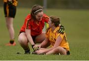 7 March 2016; John The Baptist CS captain Eimear Daly consoles Emma Flanagan, Holy Rosary College Mountbellew, Galway, after the game. Lidl All Ireland Senior B Post Primary Schools Championship Final. Holy Rosary College Mountbellew, Galway, v John The Baptist CS, Limerick. Gort GAA, Gort, Co. Galway. Picture credit: Piaras Ó Mídheach / SPORTSFILE