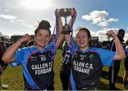 7 March 2016; Gallen C.S. Ferbane joint captains Aoife Corbett, left, and Emer Nally lift the cup after victory over  Scoil Phobail Sliabh Luachra, Rathmore. Lidl All Ireland Senior C Post Primary Schools Championship Final, Gallen C.S. Ferbane, Offaly v Scoil Phobail Sliabh Luachra, Rathmore, Kerry. Mick Neville Park, Rathkeale, Co. Limerick. Picture credit: Diarmuid Greene / SPORTSFILE
