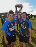 7 March 2016; Gallen C.S. Ferbane joint captains Aoife Corbett, left, and Emer Nally lift the cup after victory over  Scoil Phobail Sliabh Luachra, Rathmore. Lidl All Ireland Senior C Post Primary Schools Championship Final, Gallen C.S. Ferbane, Offaly v Scoil Phobail Sliabh Luachra, Rathmore, Kerry. Mick Neville Park, Rathkeale, Co. Limerick. Picture credit: Diarmuid Greene / SPORTSFILE