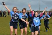 7 March 2016; Ffion Boland, left, Rachel Seery, centre, and Ava Flynn, Gallen C.S. Ferbane, celebrate after victory over Scoil Phobail Sliabh Luachra, Rathmore. Lidl All Ireland Senior C Post Primary Schools Championship Final, Gallen C.S. Ferbane, Offaly v Scoil Phobail Sliabh Luachra, Rathmore, Kerry. Mick Neville Park, Rathkeale, Co. Limerick. Picture credit: Diarmuid Greene / SPORTSFILE