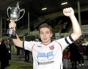 18 February 2010; Dundalk captain Shaun Kelly holds aloft the Jim Malone cup after the game. Jim Malone Cup, Dundalk v Drogheda United, Oriel Park, Dundalk, Co. Louth. Picture credit: Oliver McVeigh / SPORTSFILE