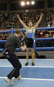 20 February 2010; David Gillick, Dundrum South Dublin A.C., celebrates winning the Men's 400m and equalling his own Irish Indoor Record of 45.52 seconds. Aviva Indoor Grand Prix Meet, National Indoor Arena, Birmingham, England. Picture credit: Richard Lane / SPORTSFILE