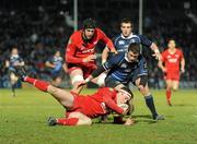 20 February 2010; Rhys Priestland, Scarlets, claims the ball despite the attention of Fergus McFadden, Leinster. Celtic League, Leinster v Scarlets. RDS, Dublin. Picture credit: Stephen McCarthy / SPORTSFILE
