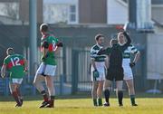 21 February 2010; Brian Mulligan, left, Portlaoise, is shown the red card by referee Michael Duffy as his team-mate and captain Brian McCormack looks on. AIB GAA Football All-Ireland Senior Club Championship Semi-Final, Portlaoise v Kilmurry Ibrickane. Gaelic Grounds, Limerick. Picture credit: Brian Lawless / SPORTSFILE