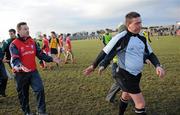21 February 2010; Louth manager Peter Fitzpatrick remonstrates with referee Joe Curley after he blew the final whistle before the ball went out of play and UCD won the game by a point. O'Byrne Cup Final, Louth v Dublin City University. Dowdallshill, Dundalk, Co. Louth. Photo by Sportsfile