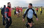 21 February 2010; Louth manager Peter Fitzpatrick remonstrates with referee Joe Curley after he blew the final whistle before the ball went out of play and UCD won the game by a point. O'Byrne Cup Final, Louth v Dublin City University. Dowdallshill, Dundalk, Co. Louth. Photo by Sportsfile