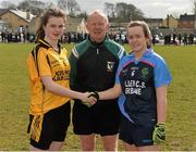 7 March 2016; Scoil Phobail Sliabh Luachra captain Sarah Murphy, left, and Gallen C.S. captain Emer Nally exchange a handshake in the company of referee Gerry Carmody before the game. Lidl All Ireland Senior C Post Primary Schools Championship Final, Gallen C.S. Ferbane, Offaly v Scoil Phobail Sliabh Luachra, Rathmore, Kerry. Mick Neville Park, Rathkeale, Co. Limerick. Picture credit: Diarmuid Greene / SPORTSFILE