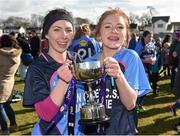 7 March 2016; Ava Flynn, left, and Ffion Boland, Gallen C.S. Ferbane players celebrate with the cup after victory over Scoil Phobail Sliabh Luachra, Rathmore. Lidl All Ireland Senior C Post Primary Schools Championship Final, Gallen C.S. Ferbane, Offaly v Scoil Phobail Sliabh Luachra, Rathmore, Kerry. Mick Neville Park, Rathkeale, Co. Limerick. Picture credit: Diarmuid Greene / SPORTSFILE