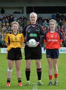 7 March 2016; Referee Mel Kenny with Coláiste Iosagain, Stillorgan, Dublin, captain Muireann Ni Ghormain, and Scoil Mhuire, Carrick on Suir, Tipperary captain Aoife Murray. Lidl All Ireland Senior A Post Primary Schools Championship Final, Coláiste Iosagain, Stillorgan, Dublin v Scoil Mhuire, Carrick on Suir, Tipperary. Nowlan Park, Kilkenny. Picture credit: Matt Browne / SPORTSFILE