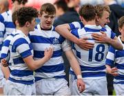 7 March 2016; Blackrock College players from left, Gavin Jones, captain, Ed Brennan, Cameron O'Neill and Niall Comerford celebrate at the end of the match. Bank of Ireland Leinster Schools Junior Cup, Semi-Final, Belvedere College v Blackrock College. Donnybrook Stadium, Donnybrook, Dublin. Picture credit: David Fitzgerald / SPORTSFILE