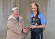 7 March 2016; Kate Kenny, Gallen C.S. Ferbane is presented with the LIDL Player of the Match award by Geraldine Carey, Treasurer, LGFA. Lidl All Ireland Senior C Post Primary Schools Championship Final, Gallen C.S. Ferbane, Offaly v Scoil Phobail Sliabh Luachra, Rathmore, Kerry. Mick Neville Park, Rathkeale, Co. Limerick. Picture credit: Diarmuid Greene / SPORTSFILE